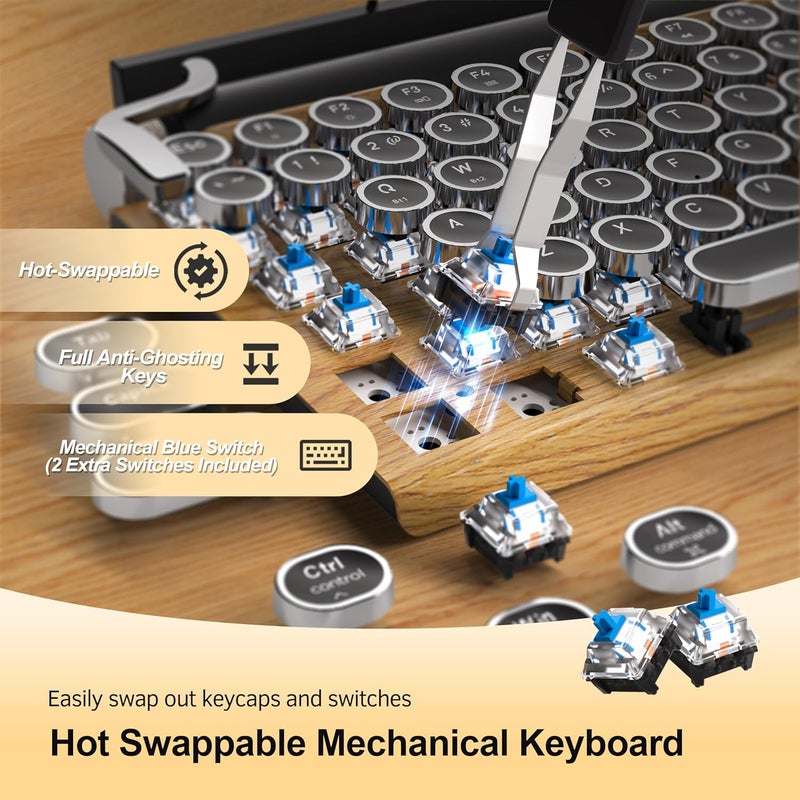 Taiahiro Retro Typewriter Wireless Mechanical Gaming Keyboard, Bluetooth 5.0 Office Computer Vintage Keyboards 83-Key Blue Switches Punk Round Keycap, LED Backlight, Compatible with PC/Laptop/Pad/Phone, Wood - Image 3